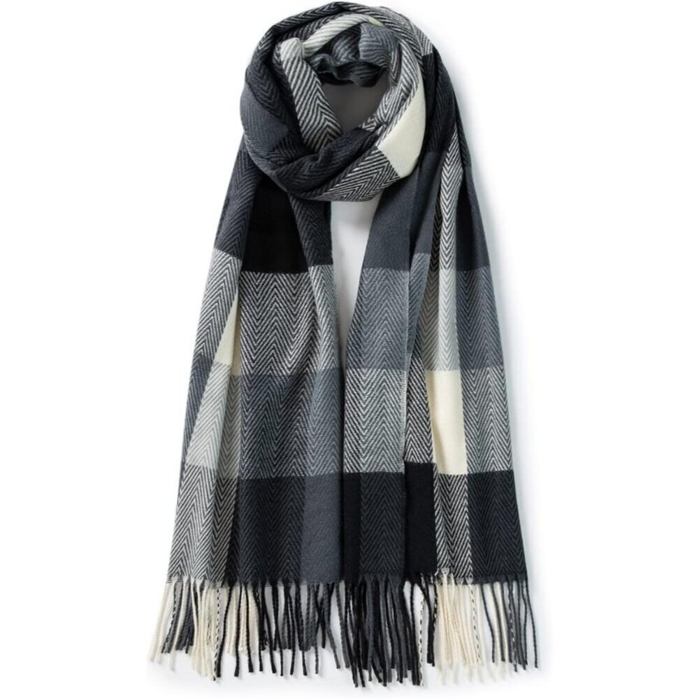 Women's White Black Wool Scarf Cashmere Feel Winter Checked Scarves Soft Shawls